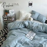 Pisoshare Ins Korean Style Simple Solid Color Bedding 4 Pieces Set Washed Cotton Fitted Bed Sheets