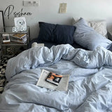 Pisoshare Ins Korean Style Simple Solid Color Bedding 4 Pieces Set Washed Cotton Fitted Bed Sheets