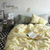 Pisoshare Ins Korean Style Simple Solid Color Bedding 4 Pieces Set Washed Cotton Fitted Bed Sheets