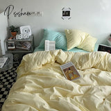 Pisoshare Ins Korean Style Simple Solid Color Bedding 4 Pieces Set Washed Cotton Fitted Bed Sheets