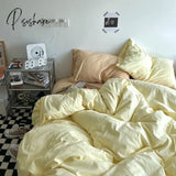 Pisoshare Ins Korean Style Simple Solid Color Bedding 4 Pieces Set Washed Cotton Fitted Bed Sheets