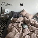 Pisoshare Ins Korean Style Simple Solid Color Bedding 4 Pieces Set Washed Cotton Fitted Bed Sheets