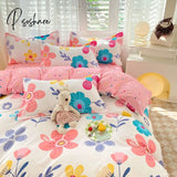 Pisoshare Ins Orange Checkerboard Duvet Cover Bed Sheet Pillowcases Twin Full Double Size Floral