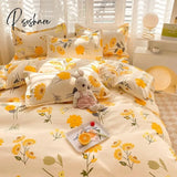 Pisoshare Ins Orange Checkerboard Duvet Cover Bed Sheet Pillowcases Twin Full Double Size Floral