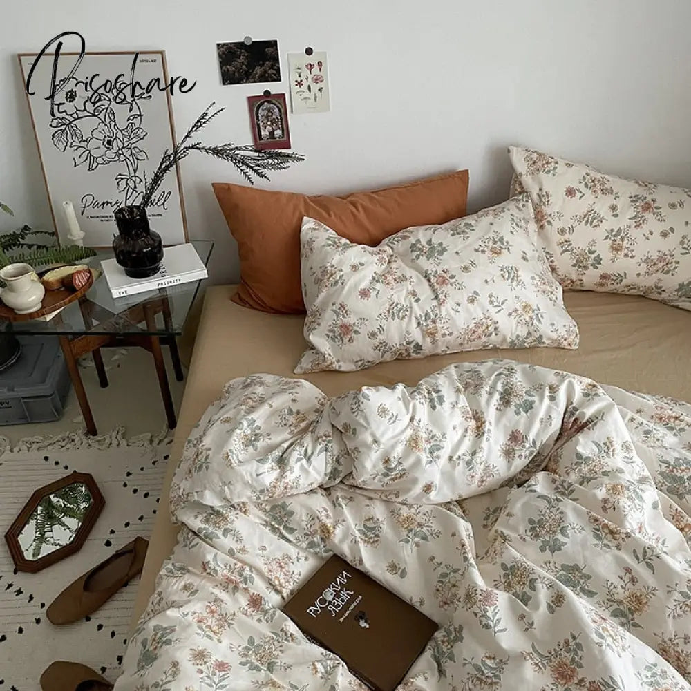Pisoshare Ins Style Cotton Bedding Set Vintage Floral Fitted Sheet Duvet Cover Pillowcase Full