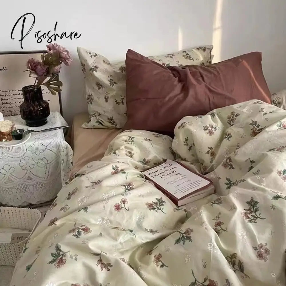 Pisoshare Ins Style Cotton Bedding Set Vintage Floral Fitted Sheet Duvet Cover Pillowcase Full
