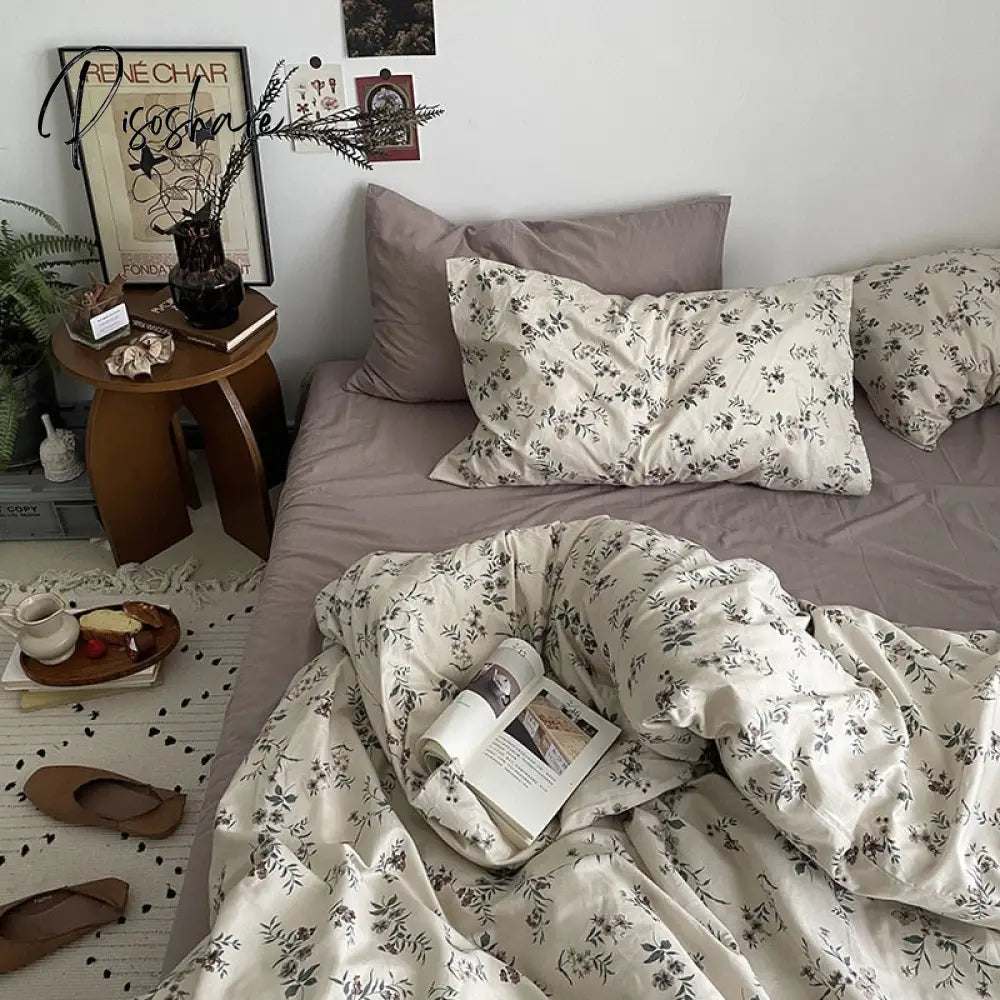 Pisoshare Ins Style Cotton Bedding Set Vintage Floral Fitted Sheet Duvet Cover Pillowcase Full