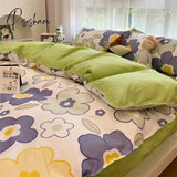 Pisoshare Ins Style Duvet Cover Flat Sheet Pillowcases Cute Cartoon Floral Bed Linen Twin Full