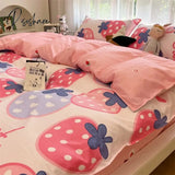 Pisoshare Ins Style Duvet Cover Flat Sheet Pillowcases Cute Cartoon Floral Bed Linen Twin Full