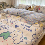 Pisoshare Ins Style Duvet Cover Flat Sheet Pillowcases Cute Cartoon Floral Bed Linen Twin Full