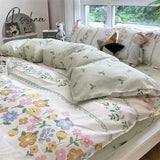 Pisoshare Ins Style Duvet Cover Flat Sheet Pillowcases Cute Cartoon Floral Bed Linen Twin Full