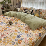 Pisoshare Ins Style Duvet Cover Flat Sheet Pillowcases Cute Cartoon Floral Bed Linen Twin Full