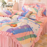 Pisoshare Ins Sweet Heart Bedding Set Cute Girls Lace Princess Bed Sheet Skirt Ruffle Full Queen