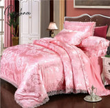 Pisoshare Jacquard Bedding Sets Queen King Size 4Pcs Lace Satin Duvet Cover Set Wedding Bedclothes