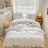 Pisoshare Japan Style Solid Color Bedding Set Cute Girl Ruffle Lace Pink Bed Skirt Kids Duvet Cover