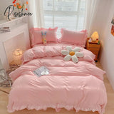 Pisoshare Japan Style Solid Color Bedding Set Cute Girl Ruffle Lace Pink Bed Skirt Kids Duvet Cover