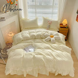 Pisoshare Japan Style Solid Color Bedding Set Cute Girl Ruffle Lace Pink Bed Skirt Kids Duvet Cover