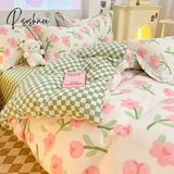 Pisoshare Kawaii 100 Cotton Bedding Set For Girls Women Kids Cute 4 Pieces Flat Fitted Bed Sheet