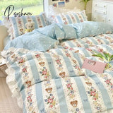 Pisoshare Kawaii Bear Bedding Sets Luxury Egyptian Cotton Duvet Cover Cute Lace Bed Sheet Fitted