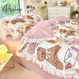 Pisoshare Kawaii Bear Bedding Sets Luxury Egyptian Cotton Duvet Cover Cute Lace Bed Sheet Fitted