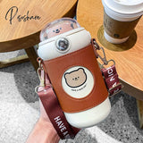 Pisoshare Kawaii Cute Bear Thermos Water Bottle With Straw For Kids Girl Portable Leak Proof School