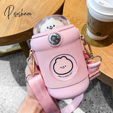 Pisoshare Kawaii Cute Bear Thermos Water Bottle With Straw For Kids Girl Portable Leak Proof School