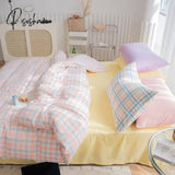 Pisoshare Kawaii Girls Solid Color Bedding Set Ins Princess Style Washed Cotton Linen Duvet Cover