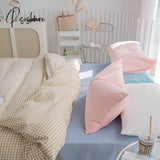 Pisoshare Kawaii Girls Solid Color Bedding Set Ins Princess Style Washed Cotton Linen Duvet Cover