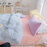 Pisoshare Kawaii Girls Solid Color Bedding Set Ins Princess Style Washed Cotton Linen Duvet Cover