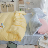 Pisoshare Kawaii Girls Solid Color Bedding Set Ins Princess Style Washed Cotton Linen Duvet Cover