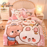 Pisoshare Kawaii Pastel Bedding Set Cute Ins Flannel Velvet Warm Winter Thicken Duvet Cover Bed