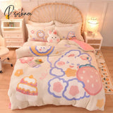 Pisoshare Kawaii Pastel Bedding Set Cute Ins Flannel Velvet Warm Winter Thicken Duvet Cover Bed