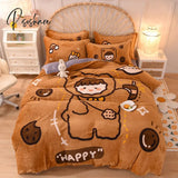 Pisoshare Kawaii Pastel Bedding Set Cute Ins Flannel Velvet Warm Winter Thicken Duvet Cover Bed
