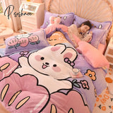 Pisoshare Kawaii Pastel Bedding Set Cute Ins Flannel Velvet Warm Winter Thicken Duvet Cover Bed