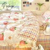 Pisoshare Kawaii Peach Bedding Set For Home Cotton Twin Full Queen Size Strawberry Bear Cute Fitted