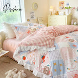 Pisoshare Kawaii Peach Bedding Set For Home Cotton Twin Full Queen Size Strawberry Bear Cute Fitted