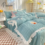 Pisoshare Kawaii Princess Seersucker Bedding Set For Girls Washed Cotton Korean Style Luxury Ruffle