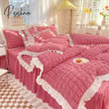 Pisoshare Kawaii Princess Seersucker Bedding Set For Girls Washed Cotton Korean Style Luxury Ruffle