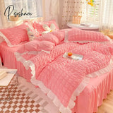 Pisoshare Kawaii Princess Seersucker Bedding Set For Girls Washed Cotton Korean Style Luxury Ruffle