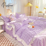 Pisoshare Kawaii Princess Seersucker Bedding Set For Girls Washed Cotton Korean Style Luxury Ruffle