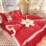 Pisoshare Kawaii Princess Seersucker Bedding Set For Girls Washed Cotton Korean Style Luxury Ruffle