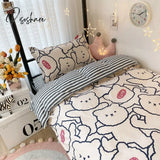 Pisoshare Kawaii Rabbit Printed Bed Linen Floral Duvet Cover Pillowcase Bedding Set Sheet Quilt