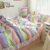 Pisoshare Kawaii Rainbow Striped Bedding Set For Girl Heart Princess Style Ruffled Duver Cover