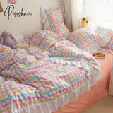 Pisoshare Kawaii Rainbow Striped Bedding Set For Girl Heart Princess Style Ruffled Duver Cover