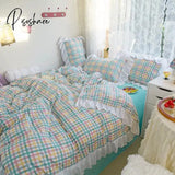 Pisoshare Kawaii Rainbow Striped Bedding Set For Girl Heart Princess Style Ruffled Duver Cover