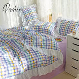 Pisoshare Kawaii Rainbow Striped Bedding Set For Girl Heart Princess Style Ruffled Duver Cover