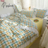 Pisoshare Kawaii Rainbow Striped Bedding Set For Girl Heart Princess Style Ruffled Duver Cover