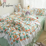 Pisoshare Kawaii Rainbow Striped Bedding Set For Girl Heart Princess Style Ruffled Duver Cover