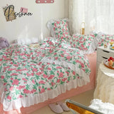 Pisoshare Kawaii Rainbow Striped Bedding Set For Girl Heart Princess Style Ruffled Duver Cover