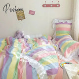 Pisoshare Kawaii Rainbow Striped Bedding Set For Girl Heart Princess Style Ruffled Duver Cover